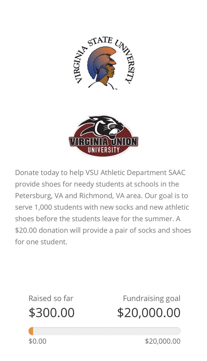 VSU &amp; VUU SAAC are still accepting donations from $1 to whatever you want to donate. This is an effort to provide socks and shoes for an Petersburg &amp; Richmond elementary school. If everybody could donate a dollar and retweet to make someone’s day. Thank you 🙏🏿
