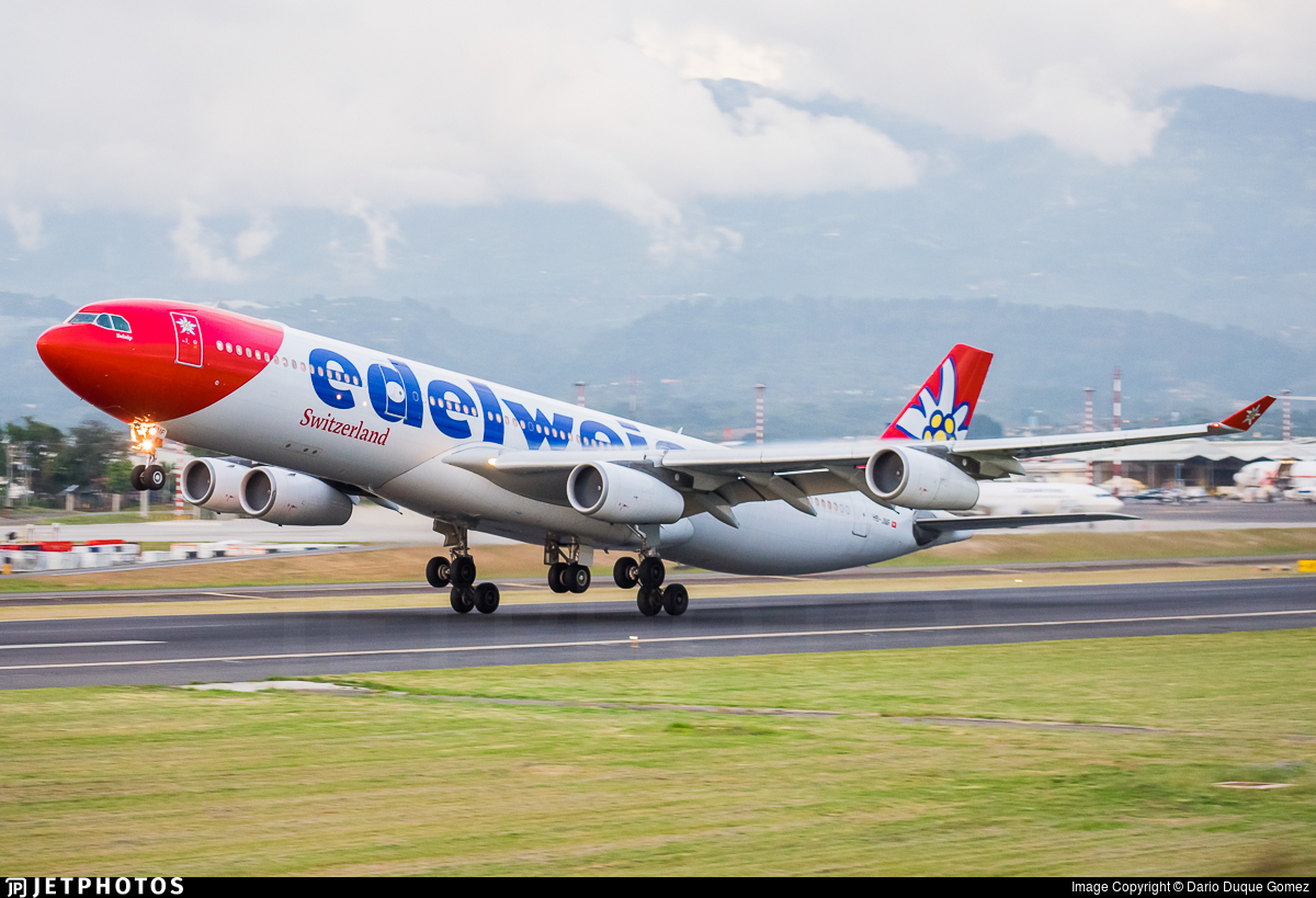 An Edelweiss A340 departing San Jose. jetphotos.com/photo/9552871 © Dario Duque Gomez