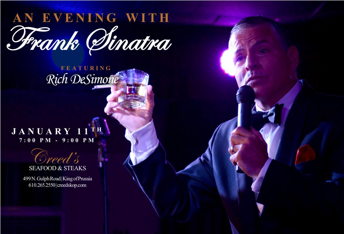 The iconic music of one of the most influential crooners of all-time is brought to life once again 🎤. Enjoy 'An Evening with Frank Sinatra' featuring the swing and the swagger of renowned vocalist, Rich DeSimone.  Join us at Creed's on Sat, 1/11 at 7pm. Reservations recommended.