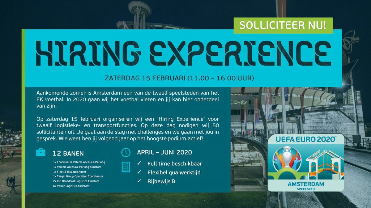 2020Amsterdam's tweet photo. Werken voor #EURO2020?⚽️
Interesse in logistiek en transport? 
En houd jij van een uitdaging? 
Meld je dan nú aan voor De Hiring Experience 💥
https://t.co/rnGCJXAo7y https://t.co/sYUYFkYHZ5