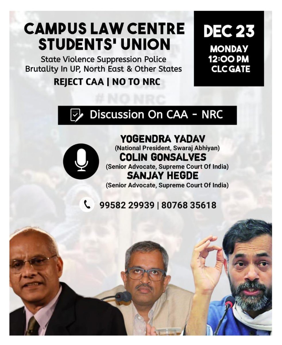 GuptaSomaya's tweet photo. Protest demonstrations in Delhi on 23.12.2019:- 

1. UP Bhawan - 11 am

2. Campus Law Centre Gate- 12 pm

3. Assam Bhawan- 2 pm #CAA_NRC_Protests https://t.co/mRG2eXSttW