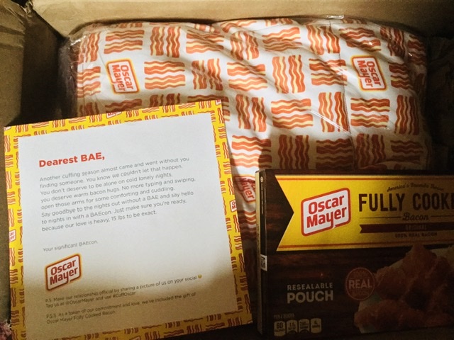 Mybeebeez's tweet photo. Just got my weighted #bacon blanket and goodies from @oscarmayer. Can’t wait to start using it. Thanks! #cuffoscar https://t.co/5lPCdKhofS