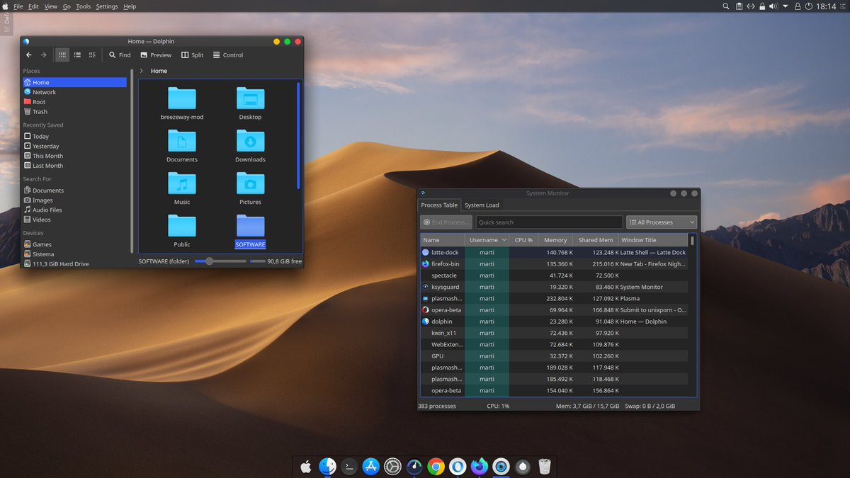 runixporn's tweet photo. [KDE] First time with Linux, trying to configure a Mojave like desktop https://t.co/FBjkNSBDaU https://t.co/qzyJgROQZ2