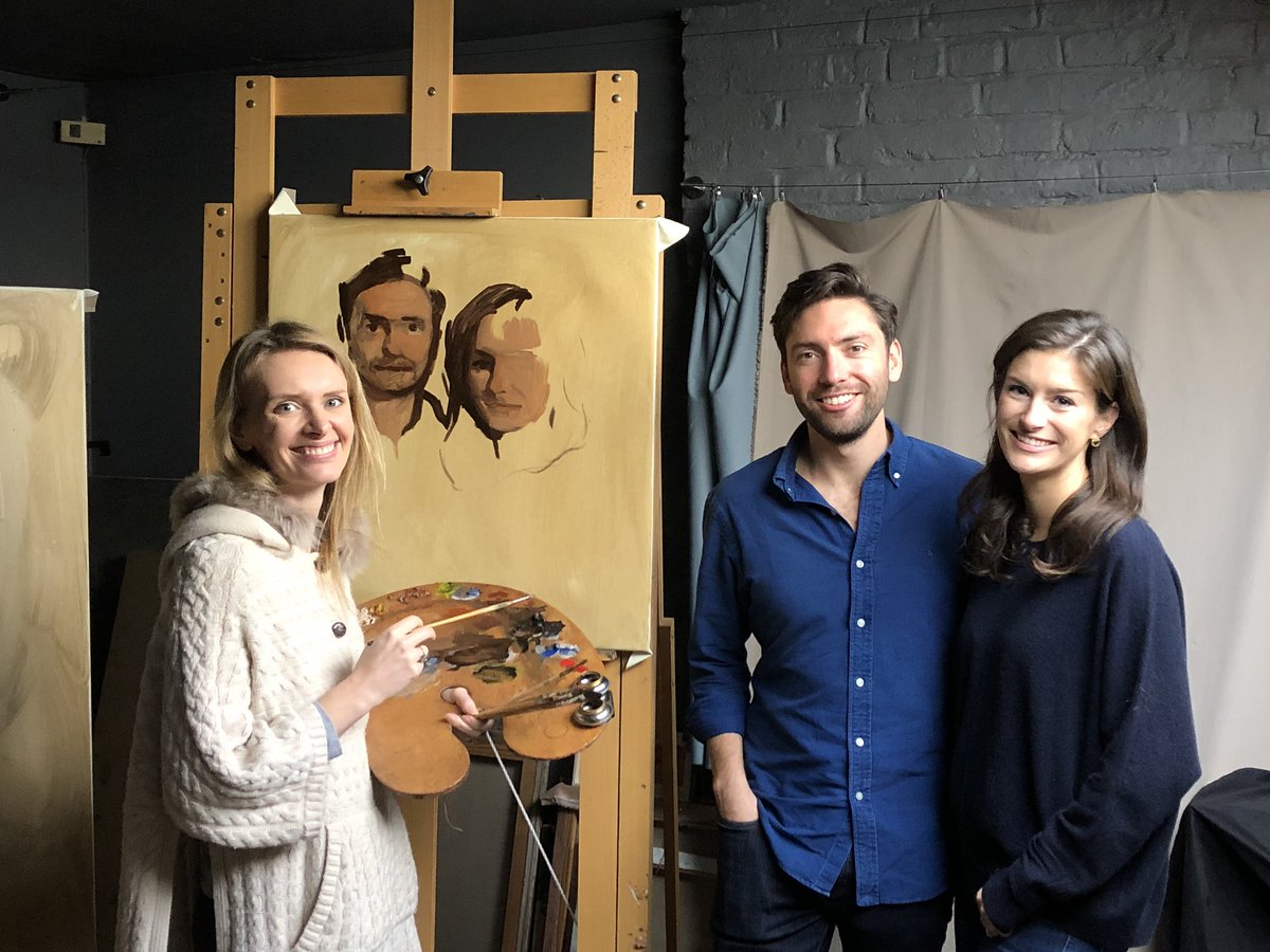 In the studio yesterday with Lucie and Chris over from Dubai for their sitting. #portraitcommission #weddinggift #paintingfromlife #funwithfriends
