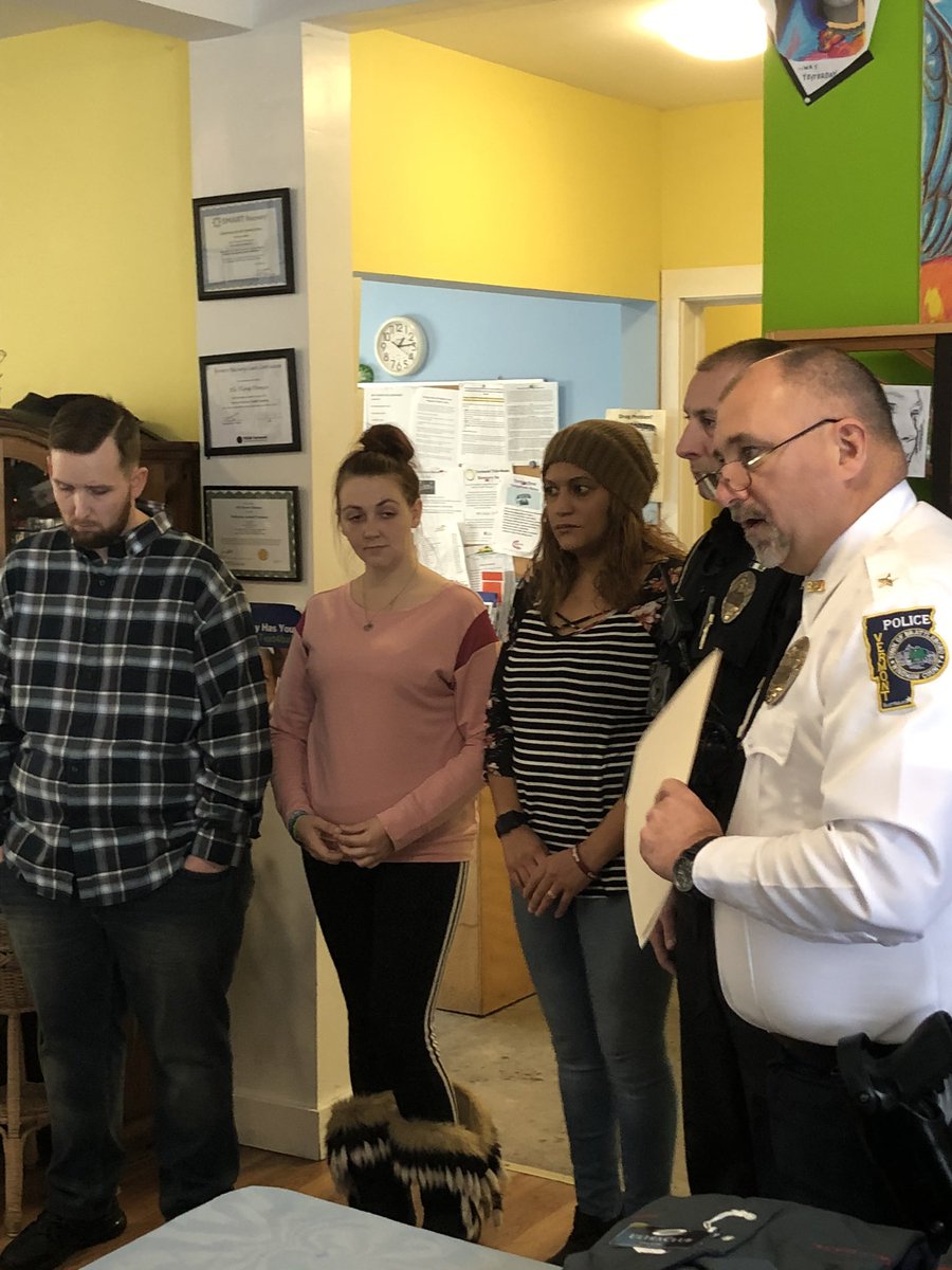 BrattleboroPD's tweet photo. This week Chief Fitzgerald and Project Care coordinator Lt. Adam Petlock honored recovery coaches at Turning Point of Windham County. Their dedication to recovery without judgement is making a difference and saving lives. Each was given a BPD letter of commendation. https://t.co/qLHTvQvil5