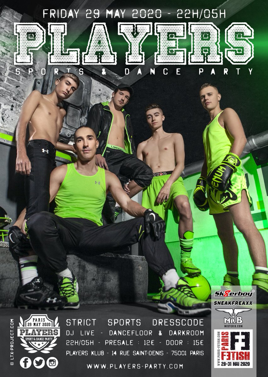 #PlayersParty, May 29, 2020🏈⚽️🏳️🌈
Sports &amp; dance party, the biggest sportswear evening in France will be back for a 5th edition !
🗓 Booked your agenda ! <a href="/parisfetish/">Paris Fetish</a>, @sk8erboy_shop, <a href="/Mister_B_Ams/">Mister B Amsterdam</a>, <a href="/Sneakfreaxx/">Sneakfreaxx</a>, <a href="/AgendaQ/">AgendaQ</a>, @robparis_fr