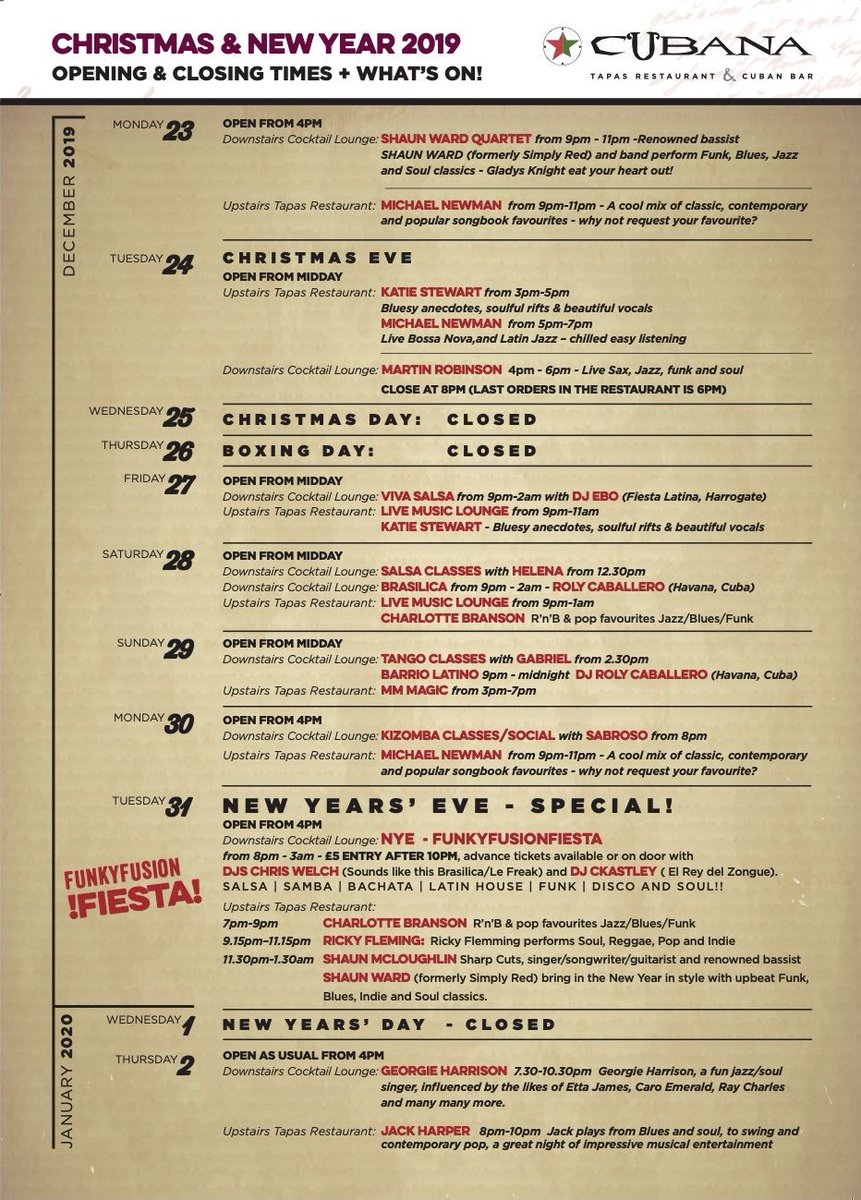 ** CHRISTMAS &amp; NEW YEAR – WHAT’S ON/OPENING TIMES**

Hola everyone

Wishing you all a Very Merry #Christmas🎄 and a Very #HappyNewYear and a big GRACIAS for all your custom and support

Here's a run down of What's On and our opening times over the Christmas/New year period 🎁