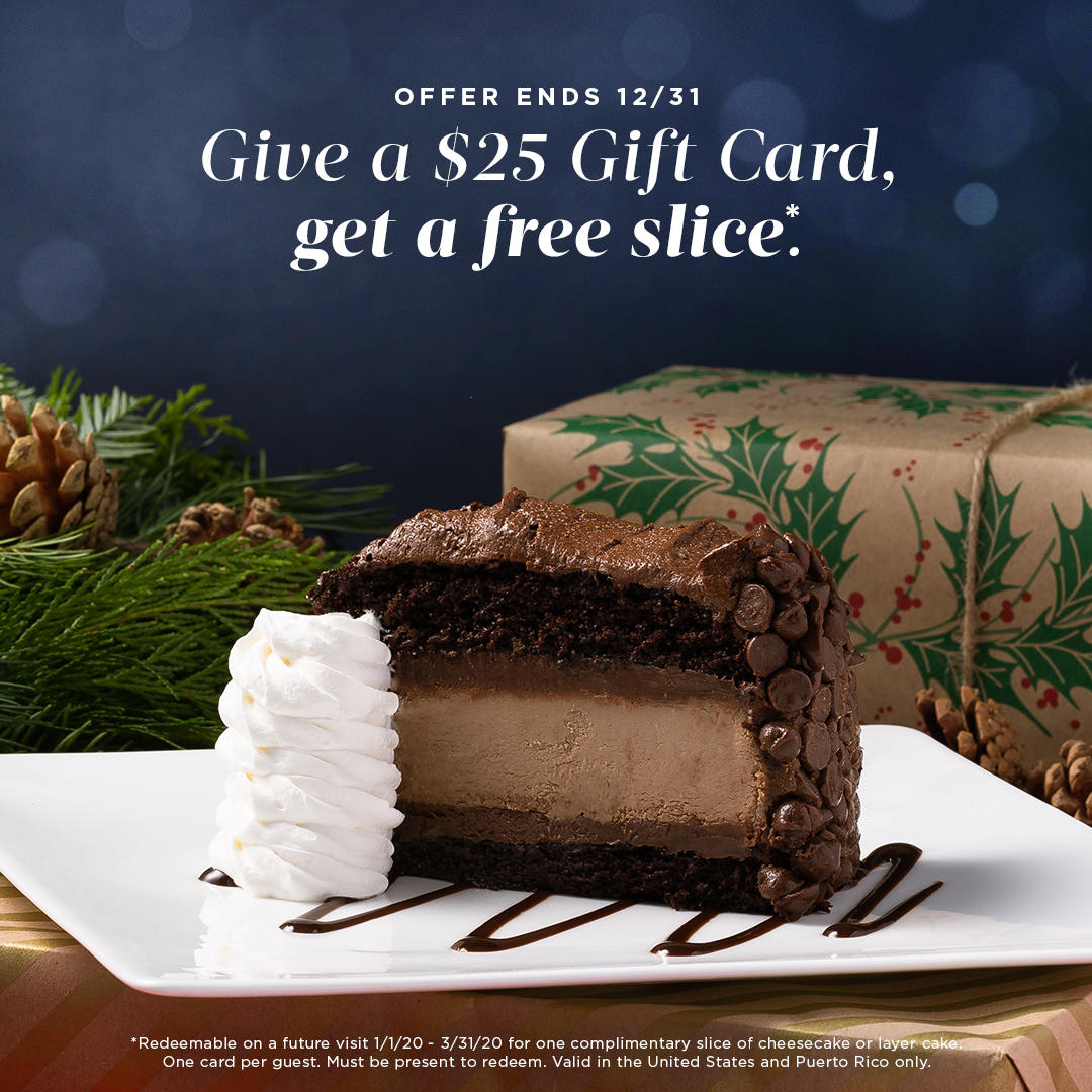 The Cheesecake Factory 🍰 On Twitter: In Text: 🍰 In Person: Cheesecake In  A Dress: 𝒸𝒽𝑒𝑒𝓈𝑒𝒸𝒶𝓀𝑒 In Jan-March: Free Now Through Nye, Every $25 Gift  Card Comes With A Slice Of Joy