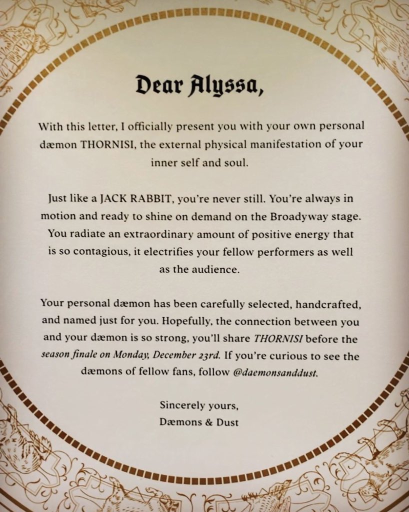 AlyssaFox's tweet photo. Woke up Friday morning to the most incredible gift from @daemonsanddust: my own personal dæmon, Thornisi!! If you haven't been watching @darkmaterials on @HBO, you still have time before the season finale tomorrow night! Thank you for the GORGEOUS gift, @daemonsanddust!! https://t.co/rr0HOS2g9d