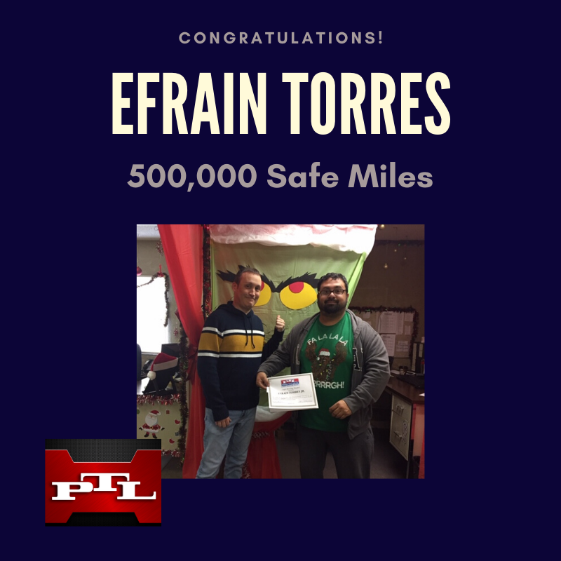 DriveforPTL's tweet photo. Half a Million Miles! What an achievement!!!! Way to go Efrain! #safetydriven #driveforptl https://t.co/uTHUrX4wab