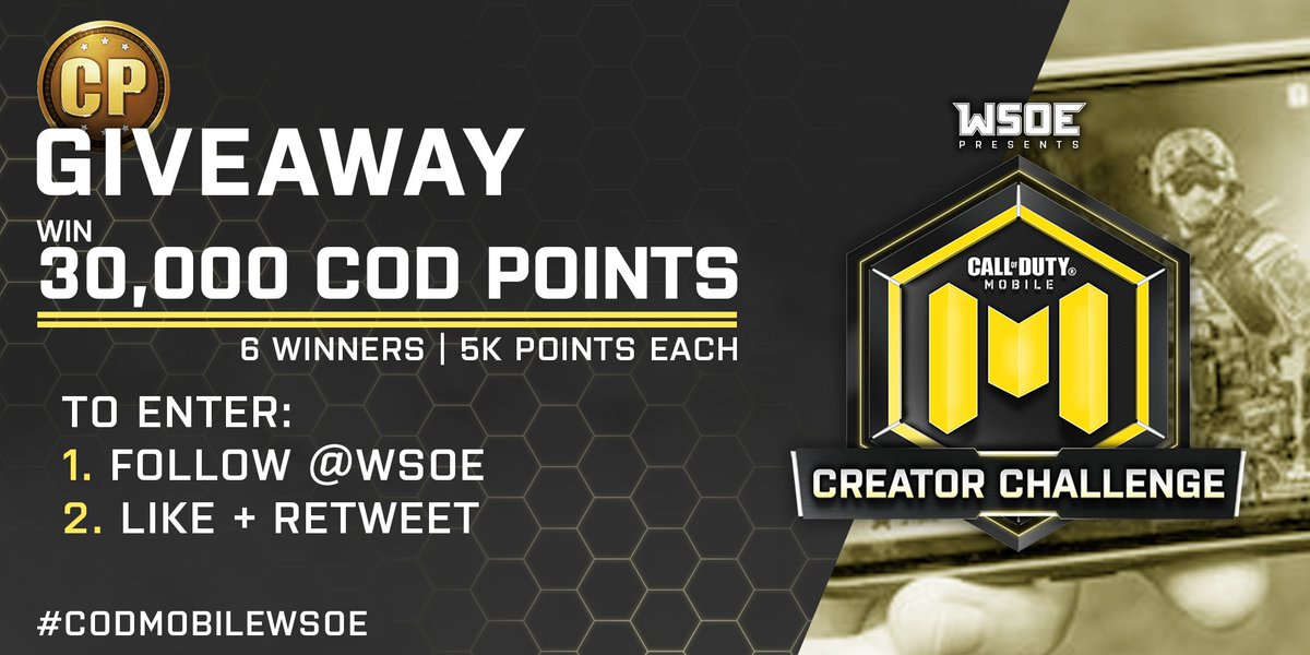 Day 2 of The CODM Creator Challenge is underway, so it's that time again.

6 winners, 5,000 COD points each.

How to enter:

1. Follow <a href="/WSOE/">WSOE</a>
2. Like + RT

Winners will be selected at 10 AM PST tomorrow!

#CODMobileWSOE