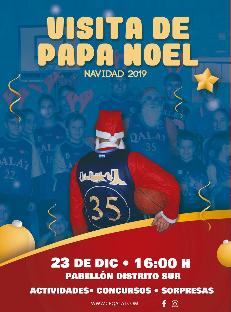 *LLEGA QALAT NOEL!*

Un año más, contamos con la visita de Qalat Noel 🎅🏼 a nuestros jugadores.

La visita tendrá lugar:
🗓 Lunes 23 de diciembre
🕓 A partir de las 16:00h
🏟 Pabellón Distrito Sur.