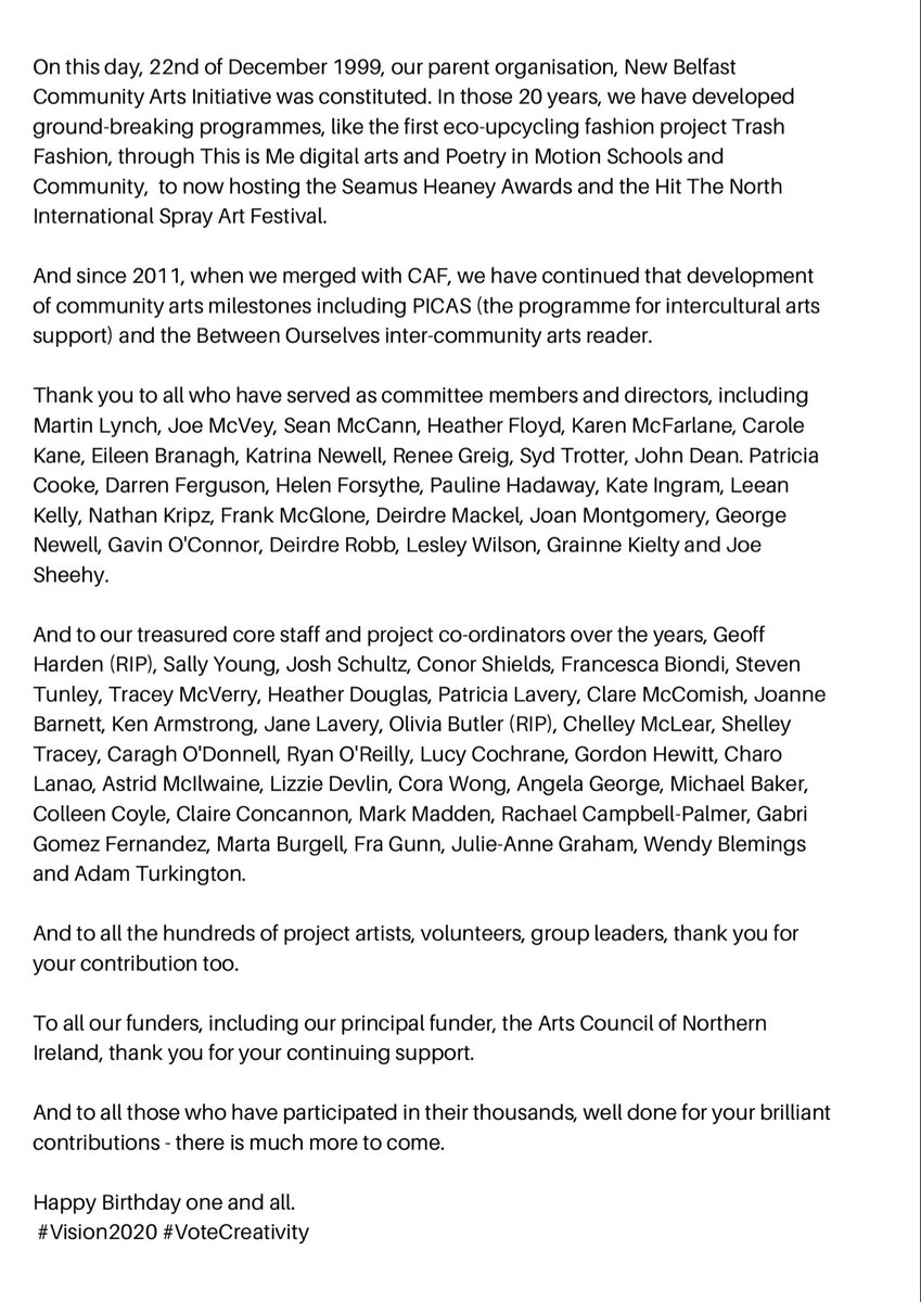 comartspartner's tweet photo. It’s our birthday today. 20 years of advocating, promoting and delivering community arts in Belfast and beyond.
Look out for our community celebrations in 2020.
#VoteCreativity https://t.co/y1ah9akzYk