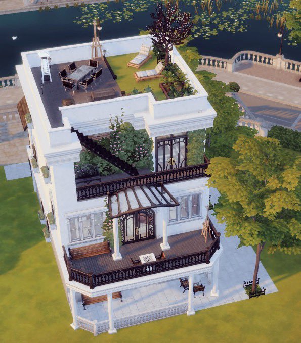 claudiabuilds's tweet photo. here’s the exterior and inspiration for my latest build 🥰 #sims4 #sims4builds #sims4house #sims4building #sims4townhouse #simshouses https://t.co/jzl8pmaidv