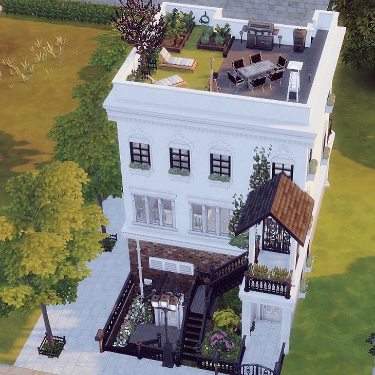 claudiabuilds's tweet photo. here’s the exterior and inspiration for my latest build 🥰 #sims4 #sims4builds #sims4house #sims4building #sims4townhouse #simshouses https://t.co/jzl8pmaidv