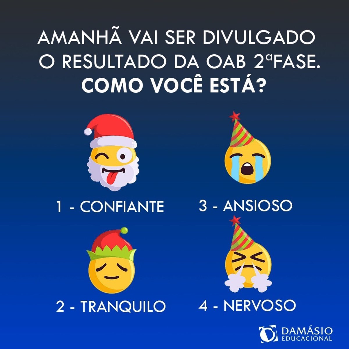 damasio_maringa's tweet photo. Conte para nós como você está para o resultado da OAB?
⠀
#oab #examedeordem #damasio #damasiomaringa #direito https://t.co/Od207BI8UW