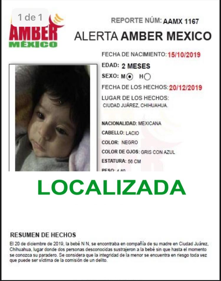 AAMBER_mx's tweet photo. La #AlertaAMBER para la bebé N N de 2 meses de edad, se desactiva debido a su localización. ¡Gracias por tu apoyo! https://t.co/E7HS7ZIFks