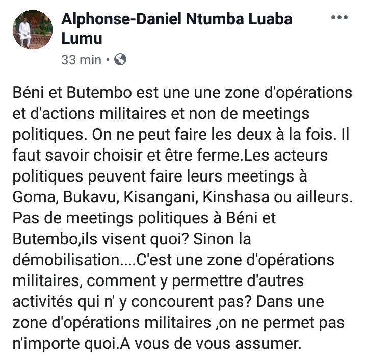 jmilunga's tweet photo. Je partage totalement ce point de vue du Professeur Ntumba Luaba ... Beni-Butembo est une zone d'opérations militaires et non de meetings politiques ! https://t.co/FrgZO0oYs8