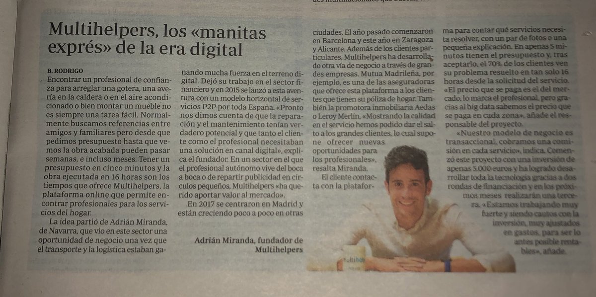 Un placer terminar el domingo leyendo en el suplemento de empresas de ⁦⁦<a href="/abc_es/">ABC.es</a>⁩ sobre nuestro crecimiento ⁦<a href="/Multihelpers_es/">Multihelpers</a>⁩ 🚀🚀