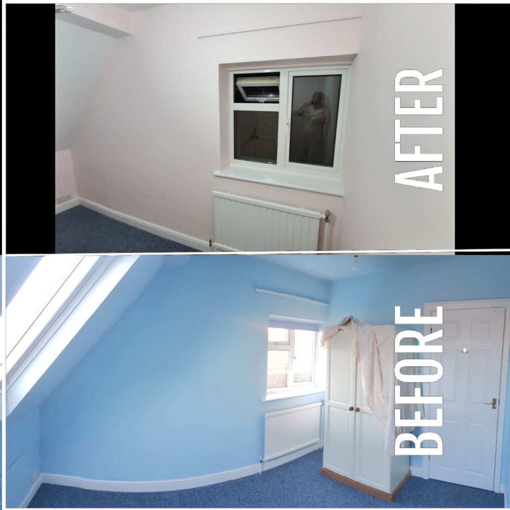 Jenthedecorator's tweet photo. Bedroom I finished yesterday
I wish I had lined because I got up to 4th fill,the more I looked the more dents I found lol ๐
Due to the ceiling & walls being blue it took 5 coats each of @JohnstonesTrade
#covaplus & #acrylicdurablematt
Woodwork in @mythicpaint #blacklabelsatin https://t.co/AqfBJn0fH8