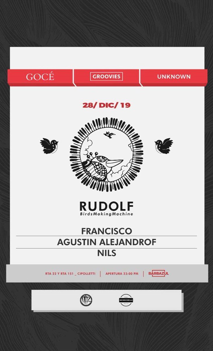 groovies_arg's tweet photo. Sábado 28 de Diciembre unimos fuerzas #Unknown, #Groovies y #Gocé para despedir el año junto a #RUDOLF a.k.a #Birdsmakingmachine🔥 junto a #Francisco #AgustinAlejandrof #NILS
Lugar de evento:
📍Barba Azul, Ruta 22 y Ruta 151, Cipoletti - Río Negro. https://t.co/KYpldRDncA