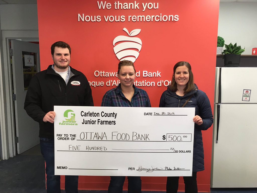 <a href="/carleton_jf/">Carleton Jr Farmers</a>  members Brianna and Phil Sullivan could be seen at the @OttawaFoodBank on Friday to present our yearly charitable donation #proudjfer