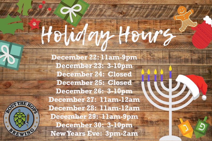 BTHBrewing's tweet photo. Check out our holiday hours through New Years Eve.  There is still time to get growlers, gift cards, and t-shirts for all your beer lovers.  Also, don’t forget, we will be open New Years Eve to watch the ball drop with you.  No covers and no tickets. https://t.co/htEFDhR7Z2