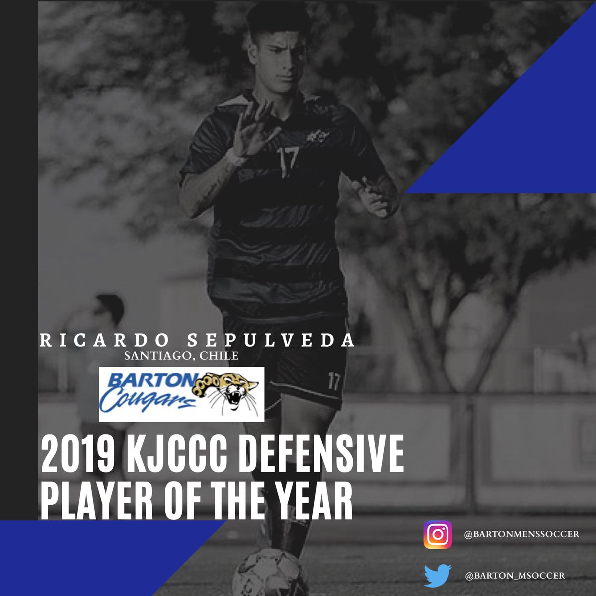 BartonCC_Soccer's tweet photo. Congratulations to our very own Ricardo Sepulveda (Santiago, Chile) for being voted the 2019 KJCCC Defensive Player of the Year!
#BartonMSoccer https://t.co/8Iny56vycL