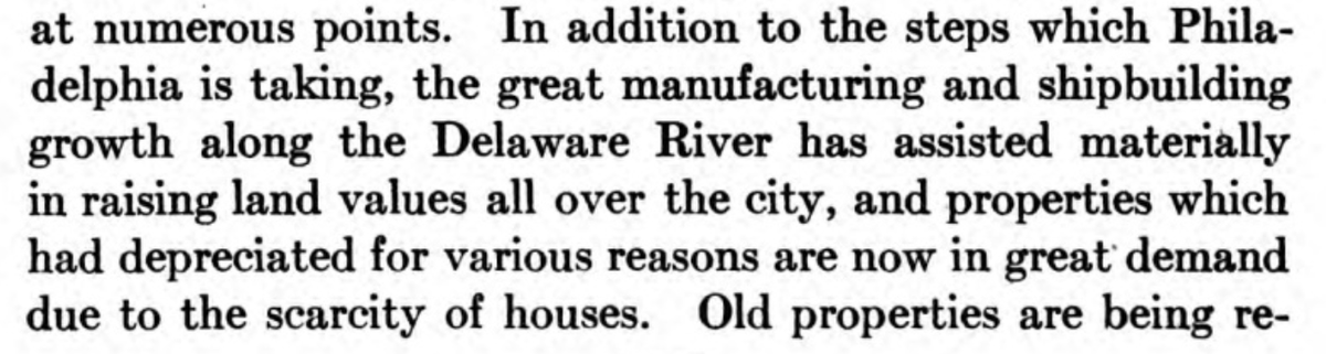 1918 Philadelphia is going to enormous lengths to prevent "blight" (homes for African Americans) but the private sector has done much more "in raising land values all over the city" and ensuring "the scarcity of houses"