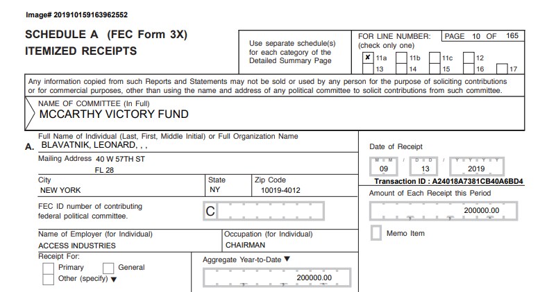 19/ Screenshots showing top donors to McCarthy, and the receipt for Blavatnik's $200K donation. receipt pdf:  https://docquery.fec.gov/cgi-bin/fecimg/?201910159163962552other contributions:  https://www.fec.gov/data/receipts/individual-contributions/?contributor_name=blavatnik