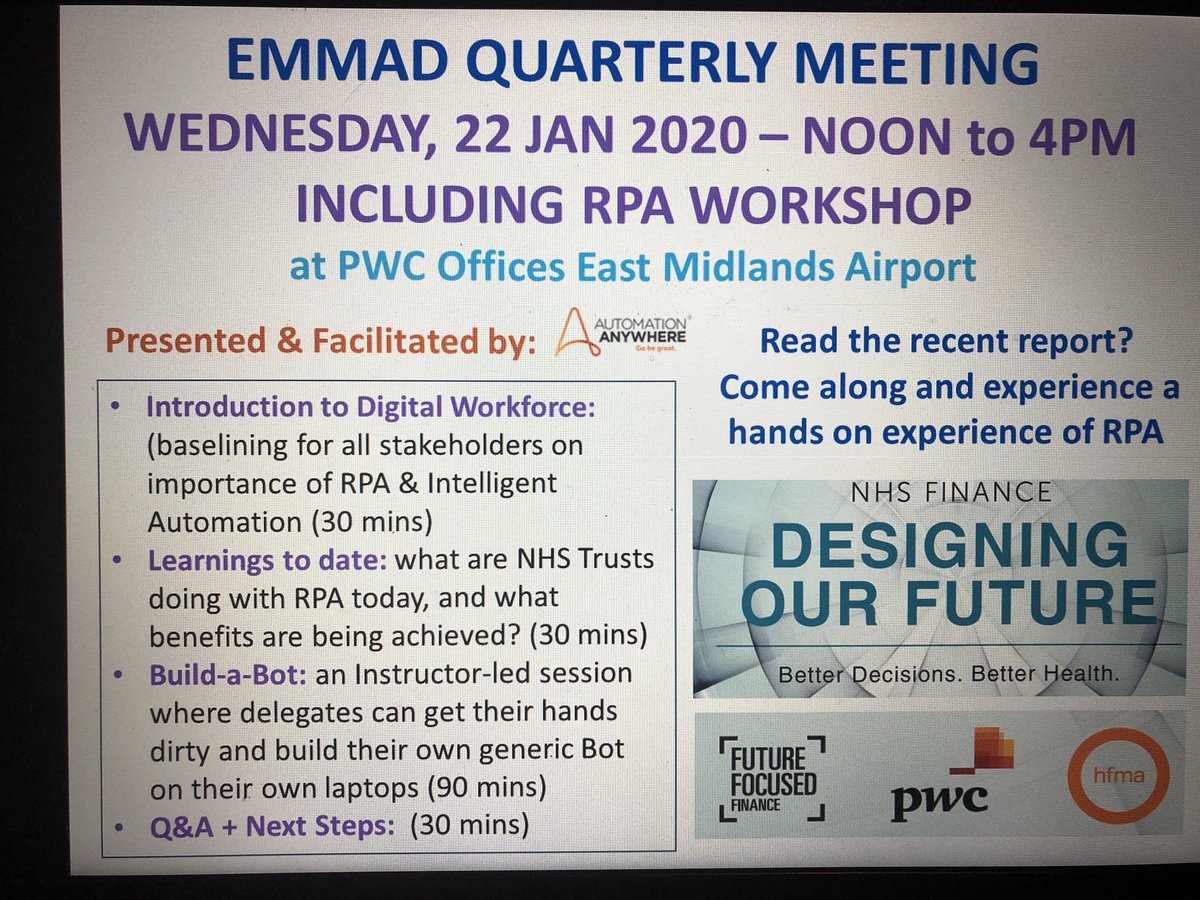 NHSFFF_EMids's tweet photo. RPA workshop at next EMMAD meeting on 22 January - interested let @NicciNHS know @JonathanPSaxton @FinanceSfh @NGHFinance @financeCRH @MattoftheWhite   @NHSFFF_EMids @HFMA_EMids @FSDEastMids https://t.co/LDNEW9FsbV