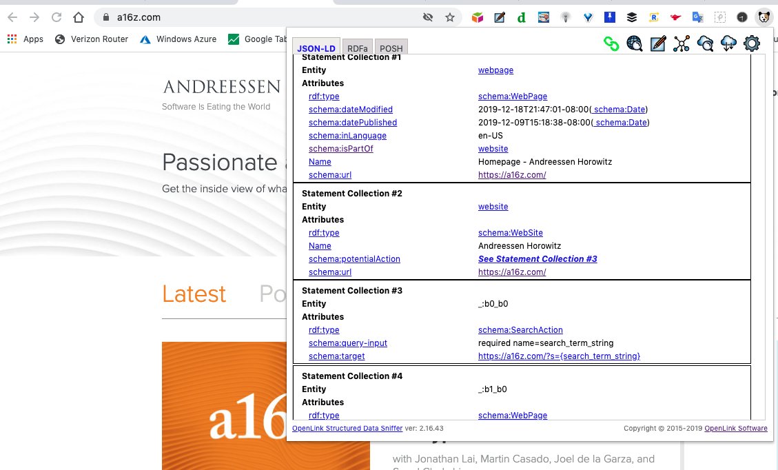 kidehen's tweet image. Additional bonus, @a16z also makes cool use of modern #SEO and #SSEO techniques re #metadata embedded in their #HTML5 docs. 

I&apos;ve just used our @datasniff to discover how to interact with their #SearchEngine via our @SmartDataBot

#SmartAgent #KnowledgeGraph #LinkedData