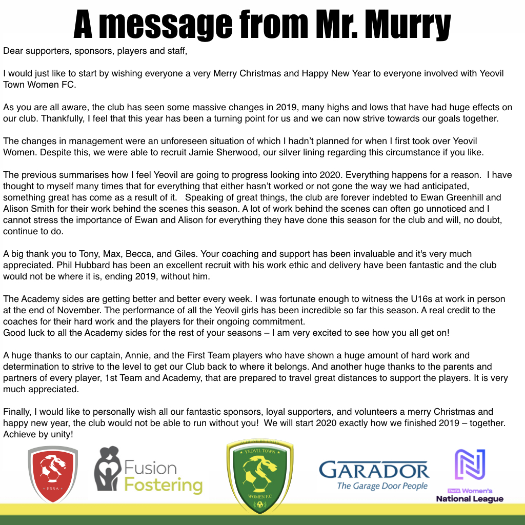 BridgwaterUtdW's tweet photo. As we approach the end of 2019, Mr. Murry has provided this message to fans, players, staff, and sponsors.
Together.
We will achieve by unity.
#BePartOfIt in 2020.
#ABU💚⚽️ https://t.co/e6PCfJrnTT