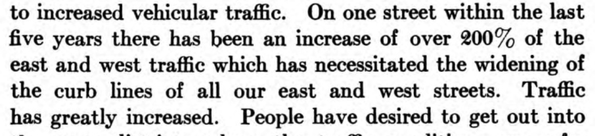 Asked a question about traffic and "blight", Cunliff notes that one St. Louis street had heavy car and truck traffic which "necessitated" widening all parallel streets citywide. "Traffic has greatly increased."