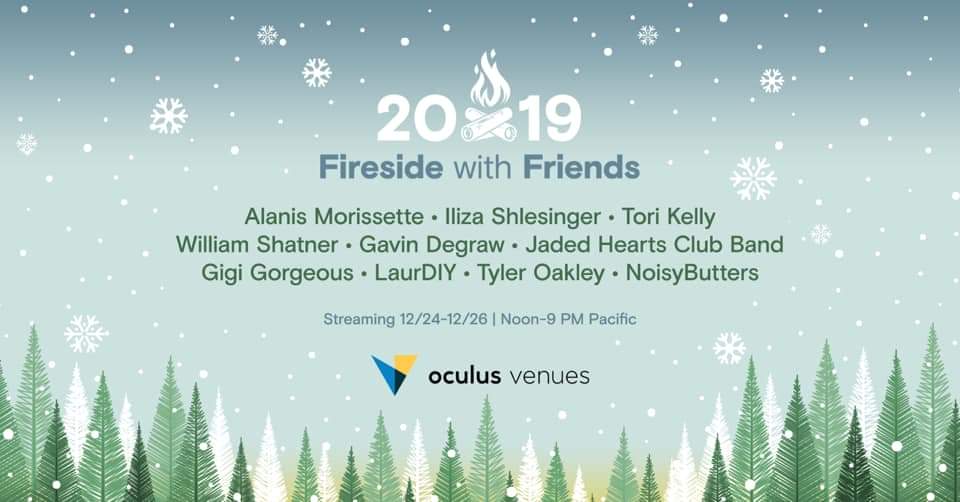 Tori's post on Facebook: exciting news !!i performed for the oculus venues 
#firesidewithfriends show, presented by 
supersphereVR and it will be streaming december 24-26. More details are available here: ocul.us/firesidewithfr… 
#VR #oculusvenues