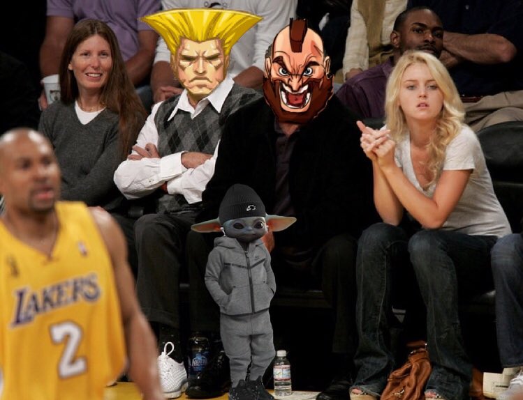 Guile & Zangief in their court-side seats during the  @Lakers game.A verbal threat to assault the  @NBA officials led to Zangief being ejected from the Staples centre.