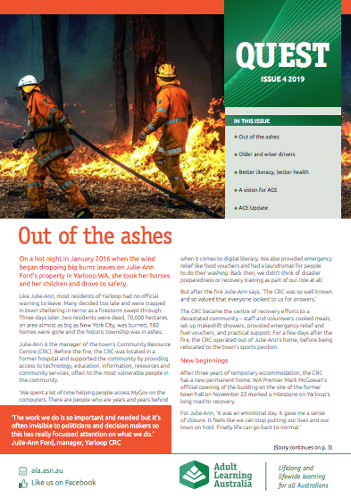 AdultLearningAu's tweet photo. Our latest issue of Quest includes stories about how adult and community education is helping in #bushfire recovery, in improving #Indigenous #adultliteracy and health, the safety of older #drivers and more! https://t.co/FIm40Y0Qud
#Yarloop @lflfaustralia #VicRoads https://t.co/sZTqLc5Qga