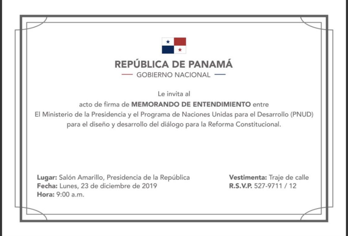 Este lunes 23  el gobierno de <a href="/NitoCortizo/">Nito Cortizo</a> anuncia que retira proyecto de reforma constitucional de <a href="/asambleapa/">Asamblea Nacional</a> y convoca a un diálogo ampliado con todos los sectores con la mediación del <a href="/PNUDPanama/">PNUD Panamá</a>. En la mañana hay firma de MOU y en la tarde consejo de gabinete <a href="/tvnnoticias/">TVN Noticias</a>