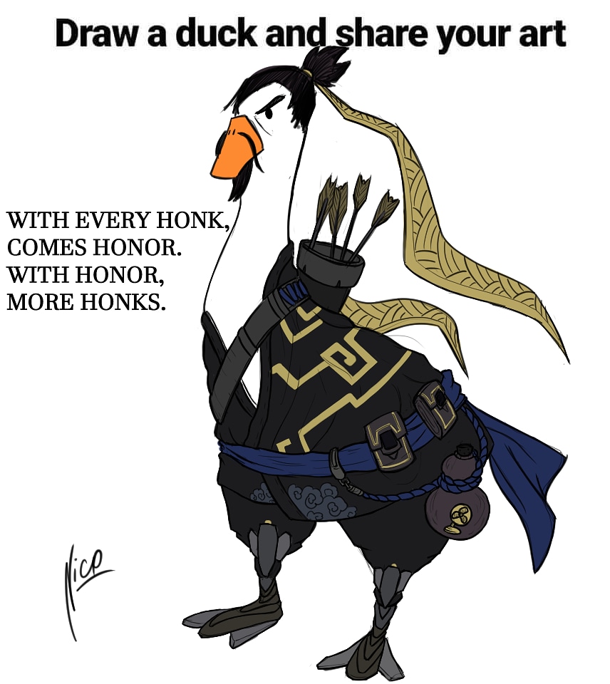 ElNicoAraujo's tweet photo. GANZO.
Because.. whynot.
HONK.
#hanzo #ganzo #goose #duck #untitledgoosegame ft. @playoverwatch #blizzard #drawaduck #honk #goosepower #drawing #art #conceptart #artist #warmingup #drawoftheday https://t.co/mSL9vktMCh