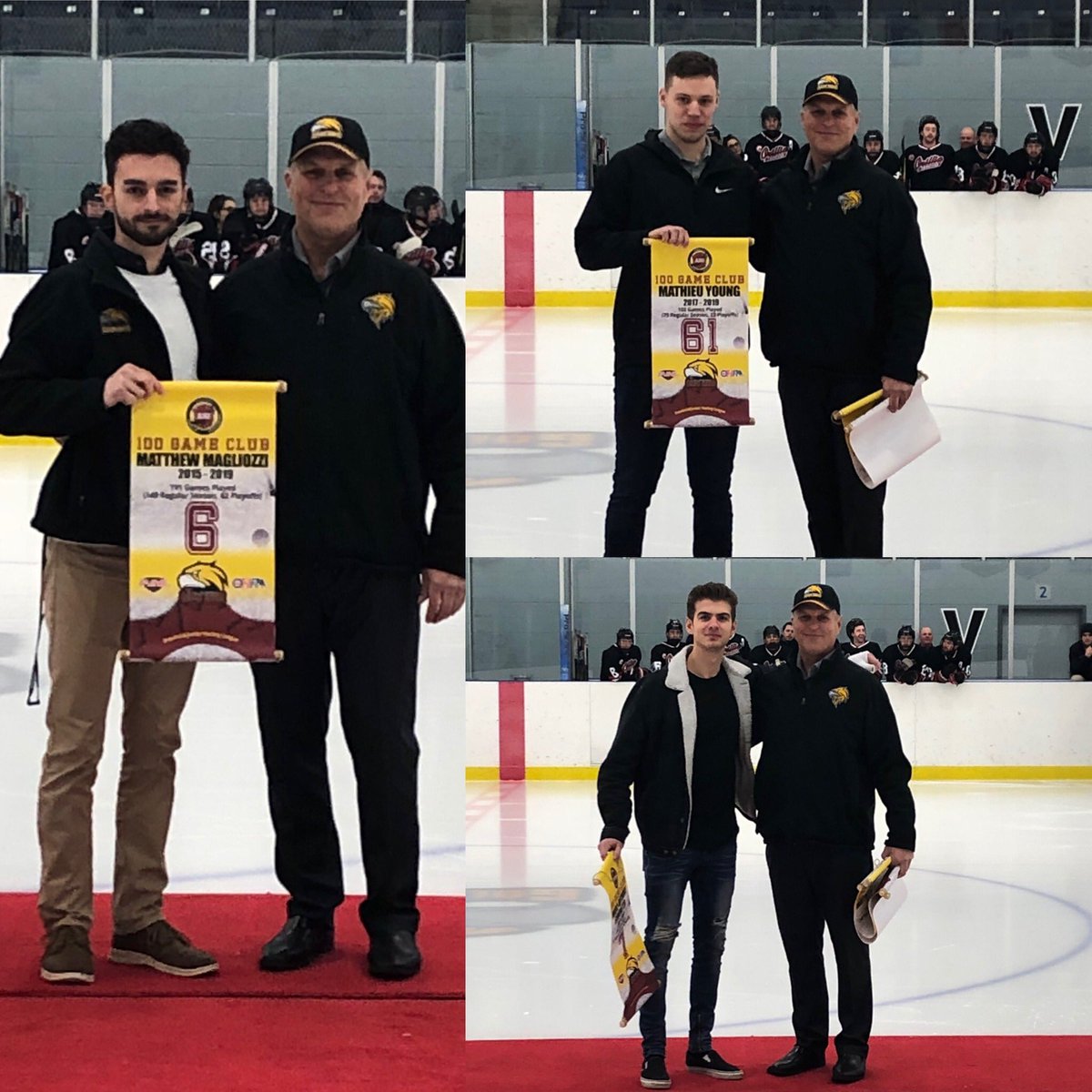 GoldenHawksJrC's tweet photo. Tonight’s Game started off with with 3 of our past players being inducted into the 100 game club.

#7 Marc-Anthony Simonetta with 105 Games / 157 Points

#61 Mathieu Young with 102 Games / 138 Points 

#6 Matthew Magoliozzi with 191 Games / 251 Points https://t.co/p3Aer41VsG