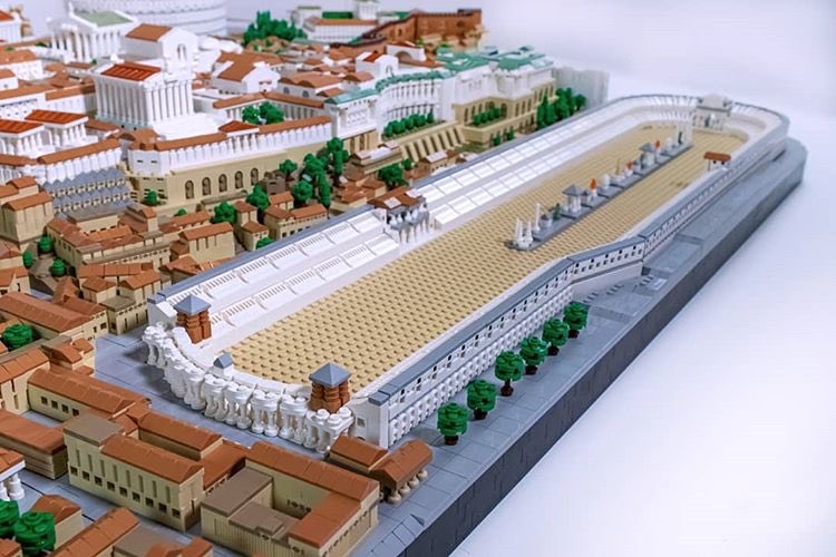 This is an example of a microbuild, a name given to builds of a microscale, in this case 1:650. It measures 231cm x 137 cm (91 x 54 inches). It took 32 days to design, 24 days to build and contains 66,000 bricks! I estimate that the Circus Maximus is around a meter long. 3 of 8