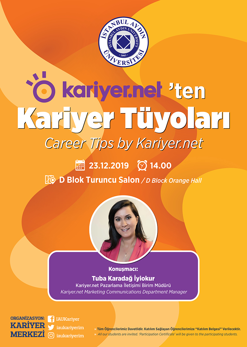 Kariyer.net’in Pazarlama İletişimi Birim Müdürü Tuba Karadağ İyiokur Kariyer Tüyolarını Öğrencilerimizle Paylaşmak için Üniversitemize Geliyor.
Katılım sağlamak isteyen öğrencilerimiz  forms.gle/vhxhZPdex3FNTp… linkten katılım formunu doldurabilirler.