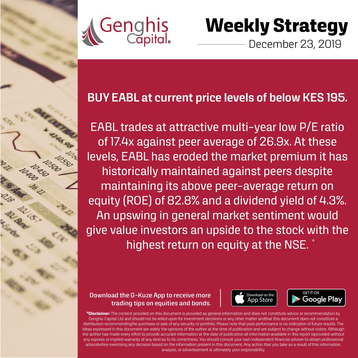 genghiscapital's tweet photo. This week's strategy is focused on EABL. Buy EABL at current prices of below Kes 195. It is the counter with the highest return on equity at the NSE.

Become a Genghis client today using our #GKuze app and make this your first buy.
Available for Android and iOS. 

#GrowWithUs https://t.co/1GE4l7jYK7