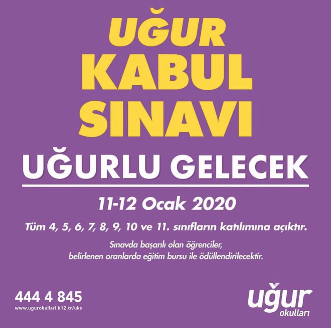 Uğur'la Geleceği Yakala! 
Uğur Kabul Sınavı 11-12 Ocak 2020'de! 🚀
Sınav, tüm 4, 5, 6, 7, 8, 9, 10 ve 11.sınıf öğrencilerinin katılımına açıktır! 💜
#UğurluGelecek
ugurokullari.k12.tr/uks adresinden başvurularınızı yapabilirsiniz. #UğurluOlmak #UğurOkulları #UKS #UğurKabulSınavı