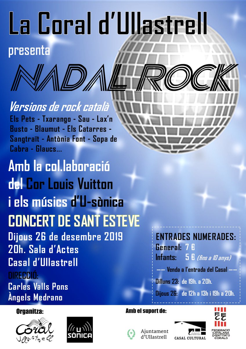 CoralUllastrell's tweet photo. Avui ja podeu comprar les entrades pel concert de Sant Esteve!! 
🎟️ ENTRADES NUMERADES:
Es vendran a l'entrada del Casal:
Dilluns 23➡️de 19h a 20h
Dijous 26➡️de 12h a 13h i de 19h a 20h
7€ - Entrada general
5€ - infants fins a 10 anys
#Ullastrell #CoralUllastrell #cantcoral https://t.co/tPdh3b1pZK
