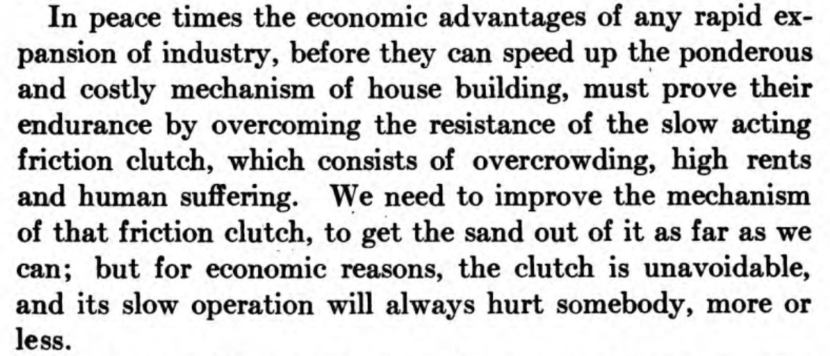 Olmsted takes housing shortages for granted, with their "overcrowding, hight rents, and human suffering" since they are "unavoidable" "for economic reasons"