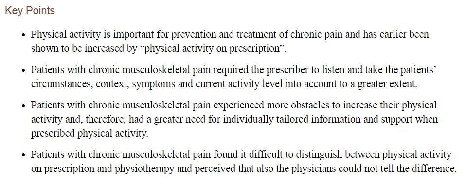 DrChrisBarton's tweet image. Patients with chronic pain may need extra support when prescribed physical activity in primary care

ncbi.nlm.nih.gov/pmc/articles/P…

How do we get people the support? What is the biggest referral barriers @ama_media ? Knowledge? Funding? Believing the evidence?

@apaphysio hear to help