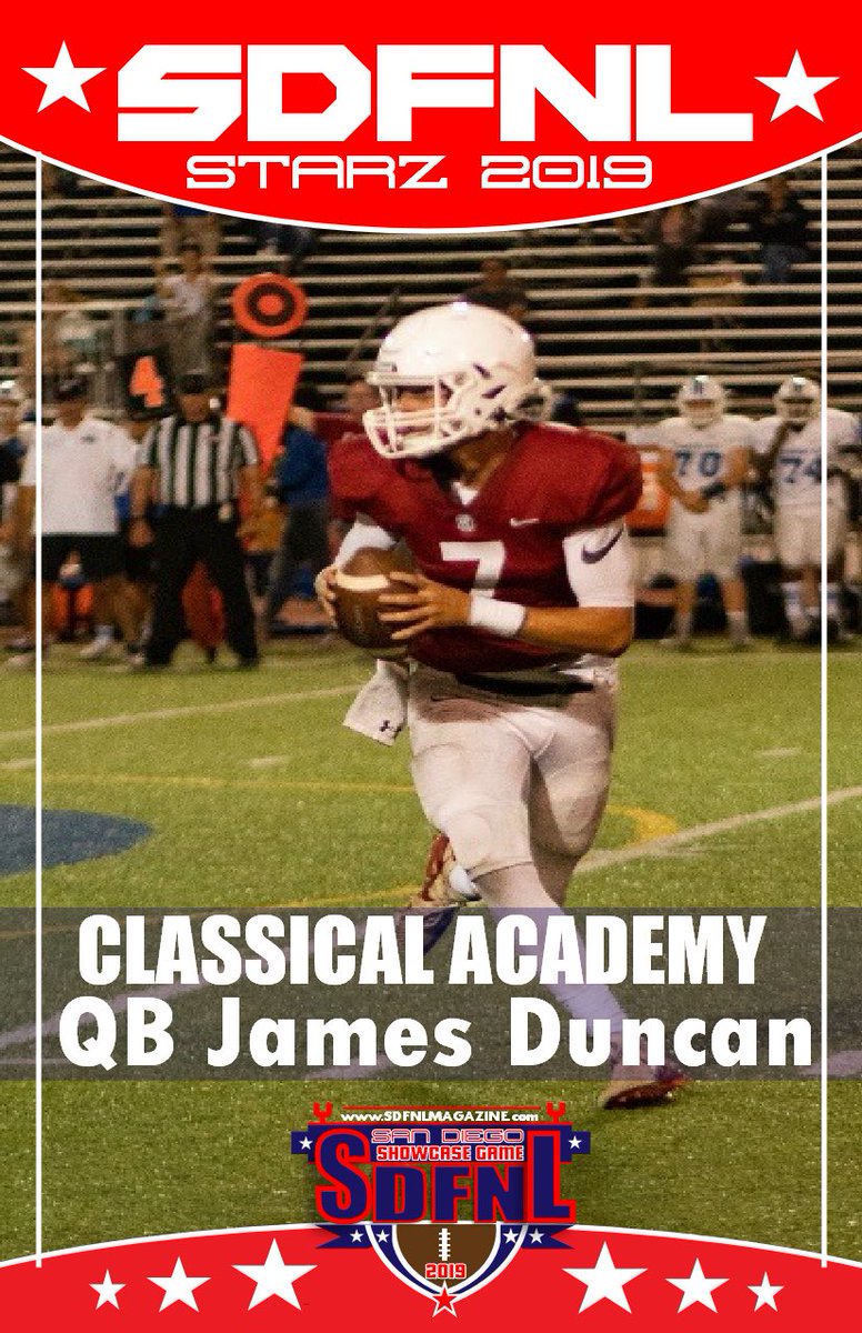SDFNLMagazine's tweet photo. Not known. No worries he has the tools Classical Academy QB James Duncan 6’4 200lbs  @JamesDuncanQB #sdfnlallstar19 leading the #redstarz https://t.co/j7EIzzymBj