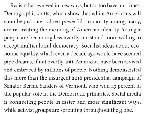 A subtle point from Antiracism (p. 27), which besides locating "antiracism" as necessarily subscribing to far-left political positions, recognizes that "racism has evolved" and (just) "younger people are becoming less *overtly* racist." There's that assumed mask again.