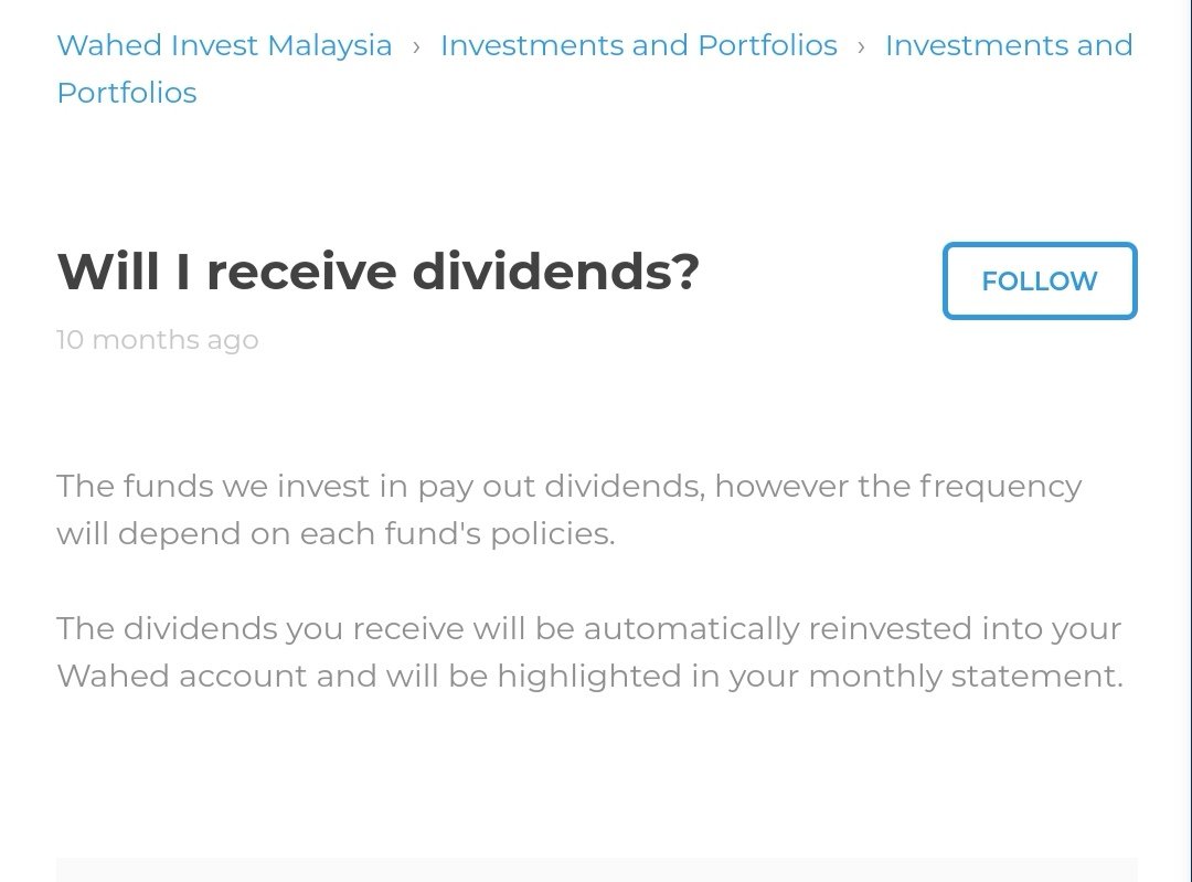 Wahed Invest = Platform Maaf. Berkenaan agihan pendapatan dan bonus (perbandingan dengan ASB), kalau rujuk FAQ ada pemberian dividen tapi bergantung pada ETF/UT dalam portfolio tersebut (jika ada).